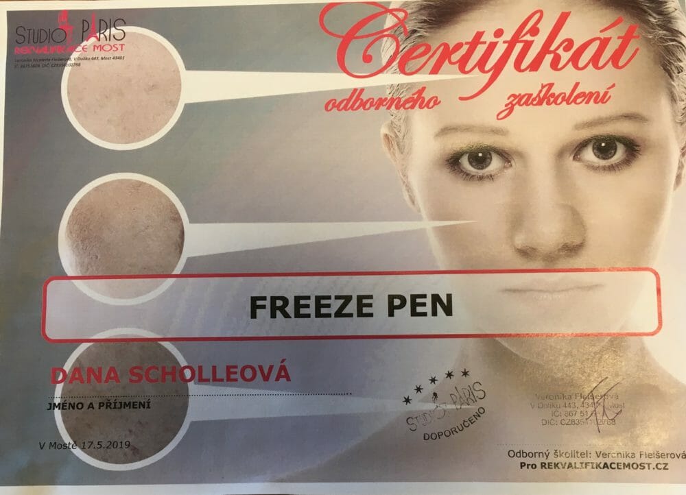 Certifikát o zaškolení na ošetření pigmentových skvrn freeze pen. Dana Clinic, Praha 9,